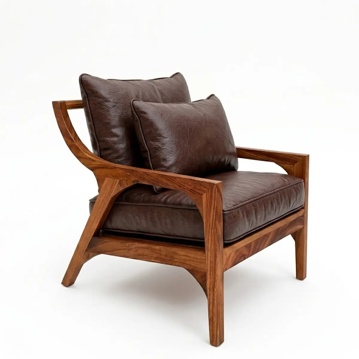 Sillón de parota artesanal, con tapizado en piel genuina marrón, DEKO