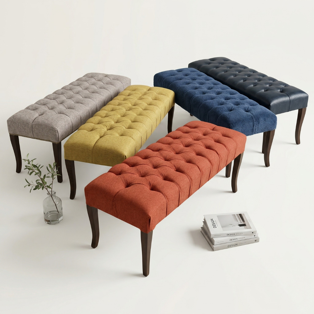 Banca Alejandra de parota maciza con tapizado en tela de varios colores, vista frontal para comedor moderno 6 personas, DEKO