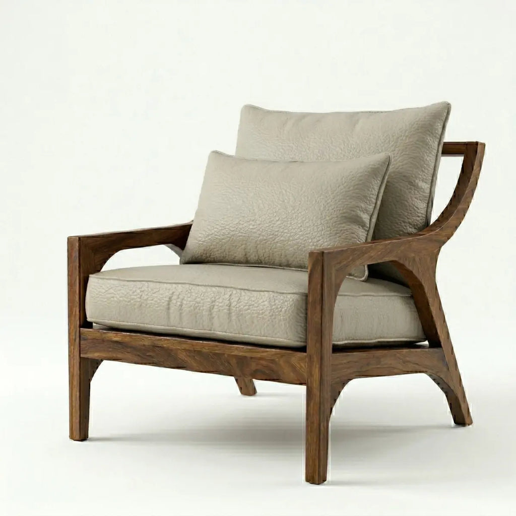Sillón de Parota con tapizado en piel genuina beige, detalle de la veta de parota, DEKO
