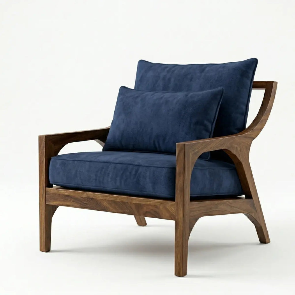 Sillón de Parota con tapizado en terciopelo azul marino, DEKO
