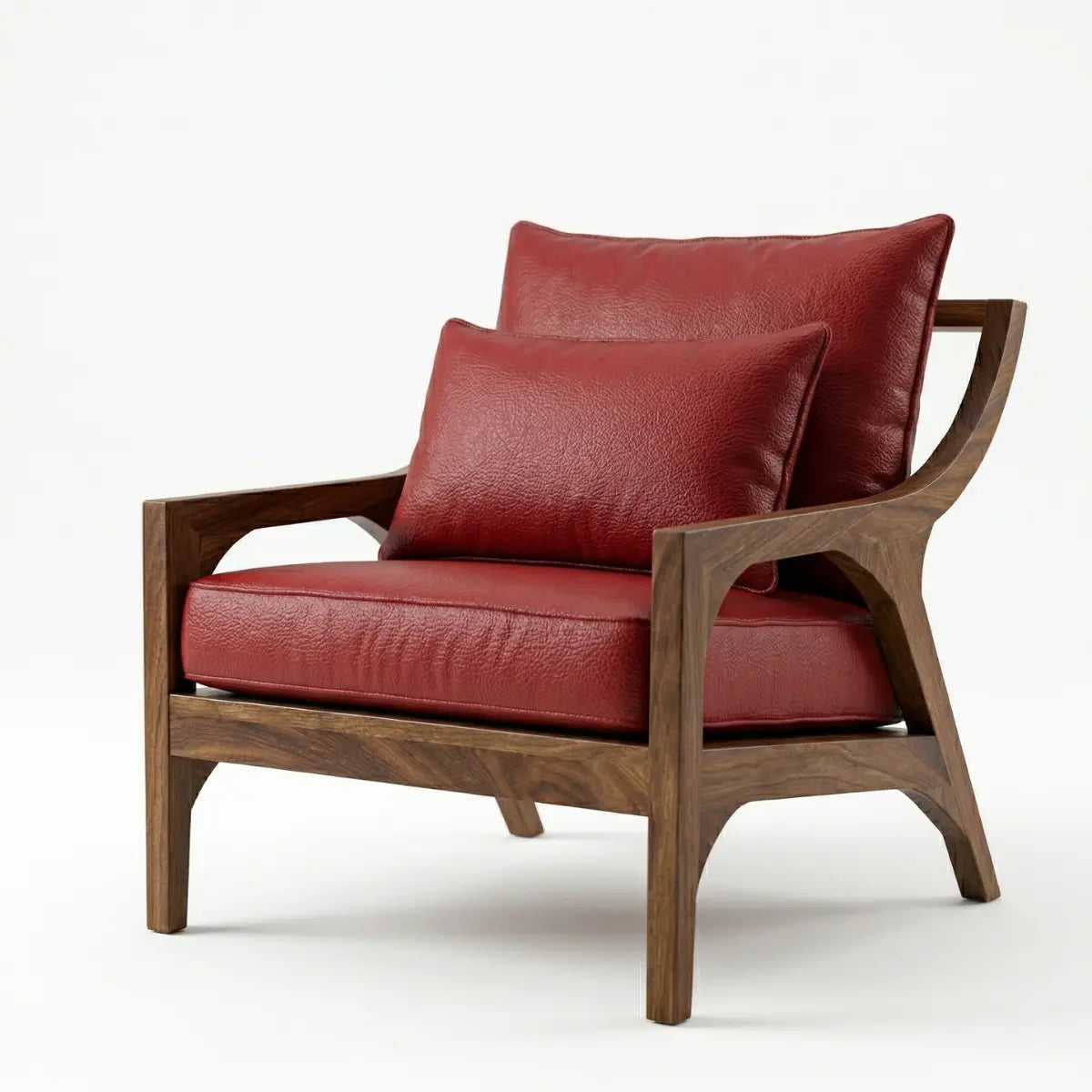 Sillón de parota artesanal, con tapizado en piel genuina rojo, detalle del tapizado, DEKO