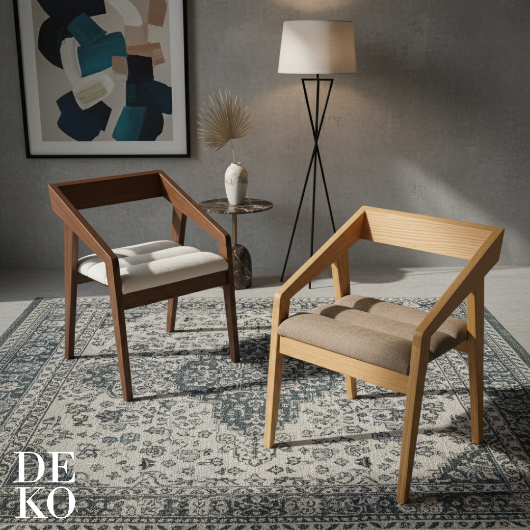 Silla Mid-Century, con tapizado en tela beige, detalle del tapizado en sala de estar, DEKO