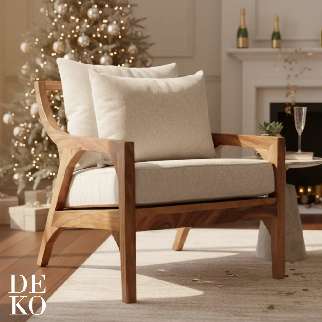 Sillón de parota artesanal, con tapizado tela blanco, detalle del tapizado, DEKO