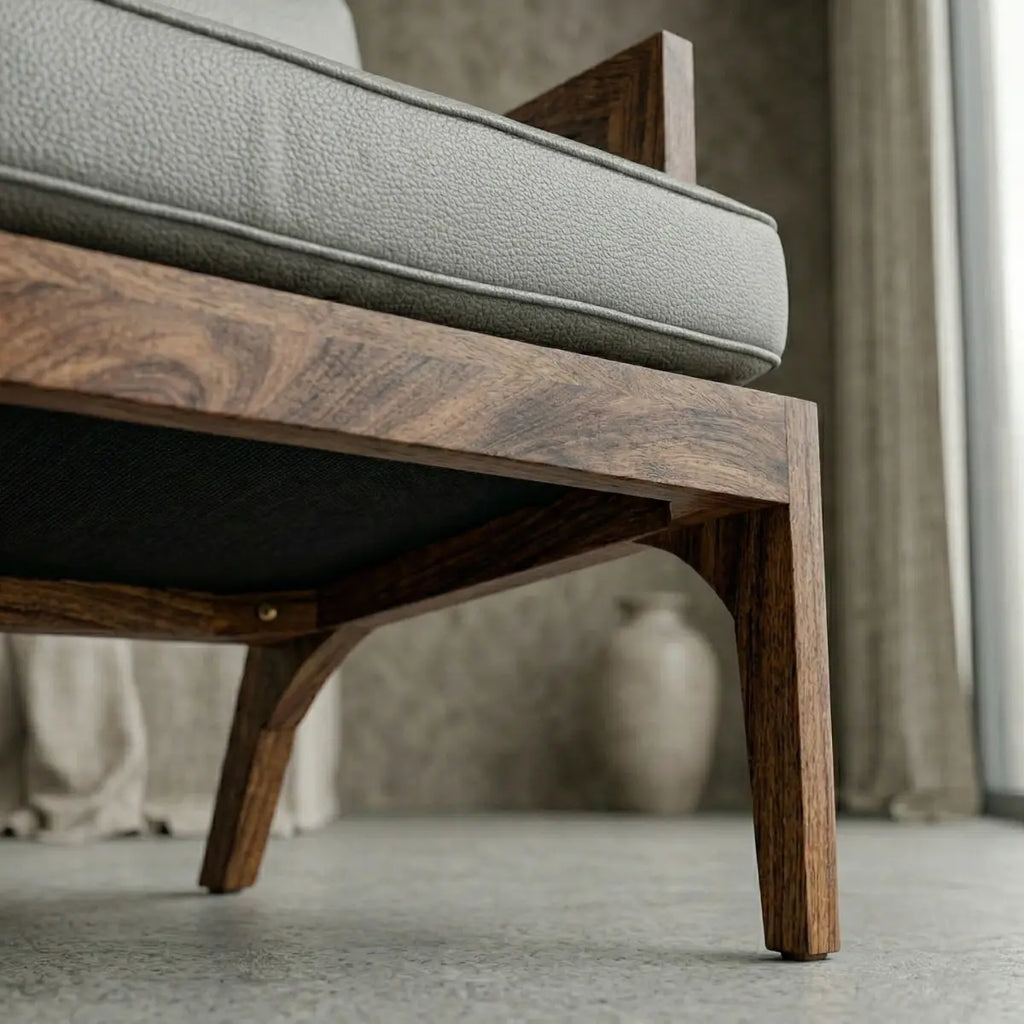 Sillón de Parota con tapizado en piel genuina gris, vista patas, DEKO
