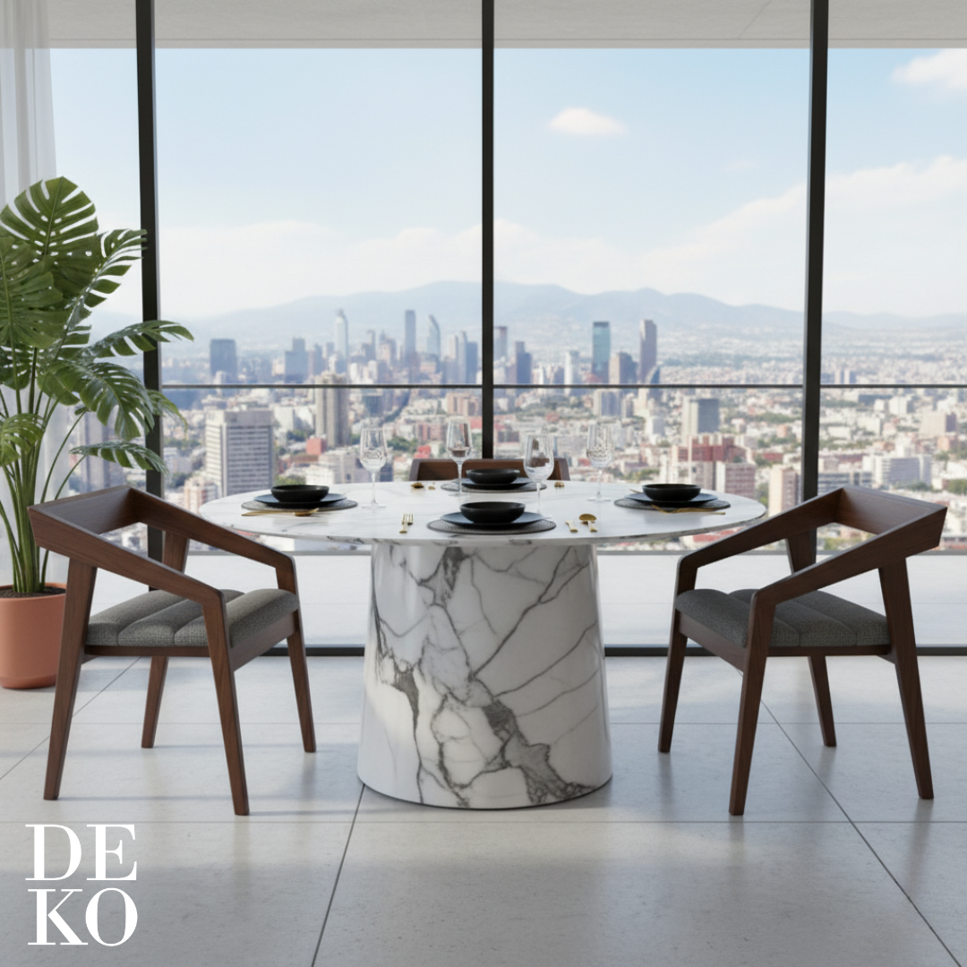 Silla Mid-Century, con tapizado en tela gris, vista lateral, DEKO