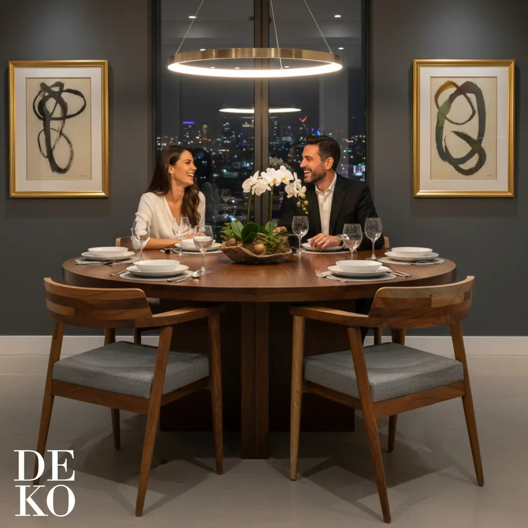 Silla de parota artesanal, con tapizado en tela gris, en comedor moderno 6 personas, DEKO