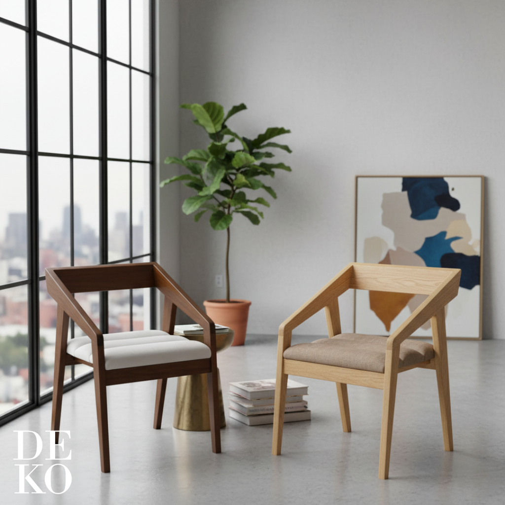 Silla Mid-Century, con tapizado en tela, vista frontal en rincón de lectura, DEKO