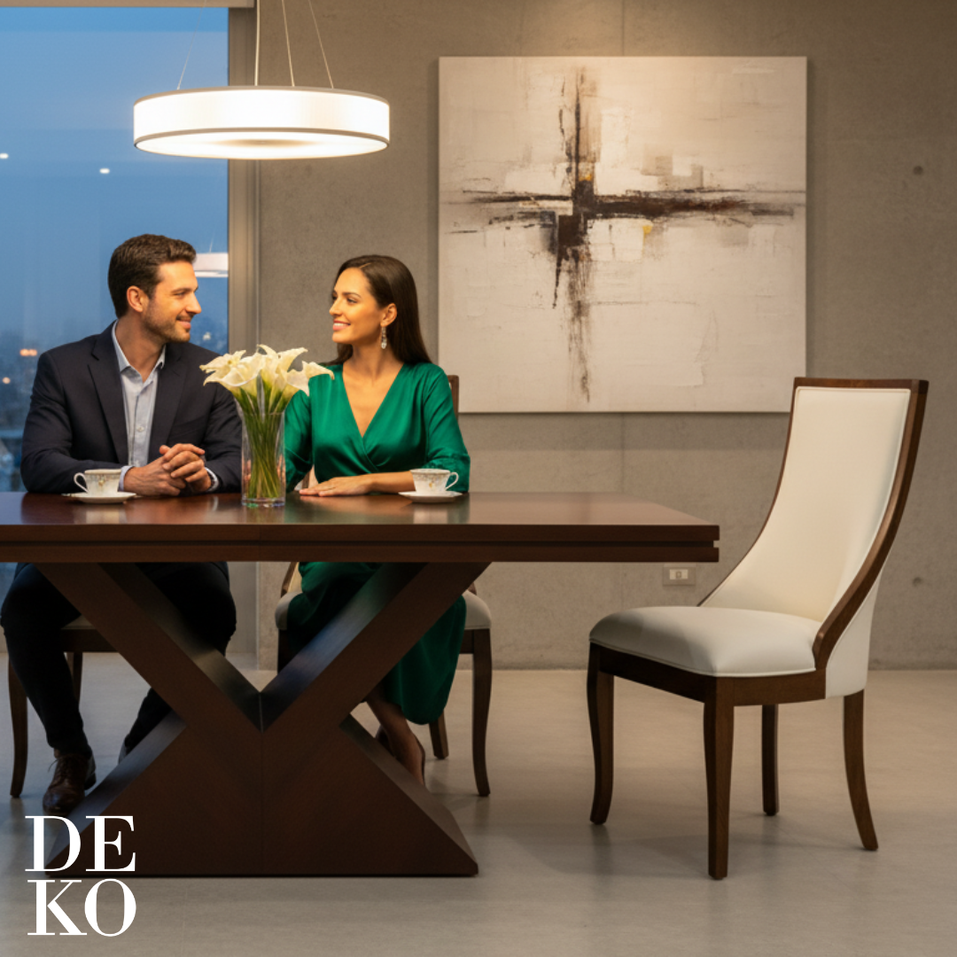 Sillas para Comedor, con tapizado tela beige, vista tres cuartos, DEKO