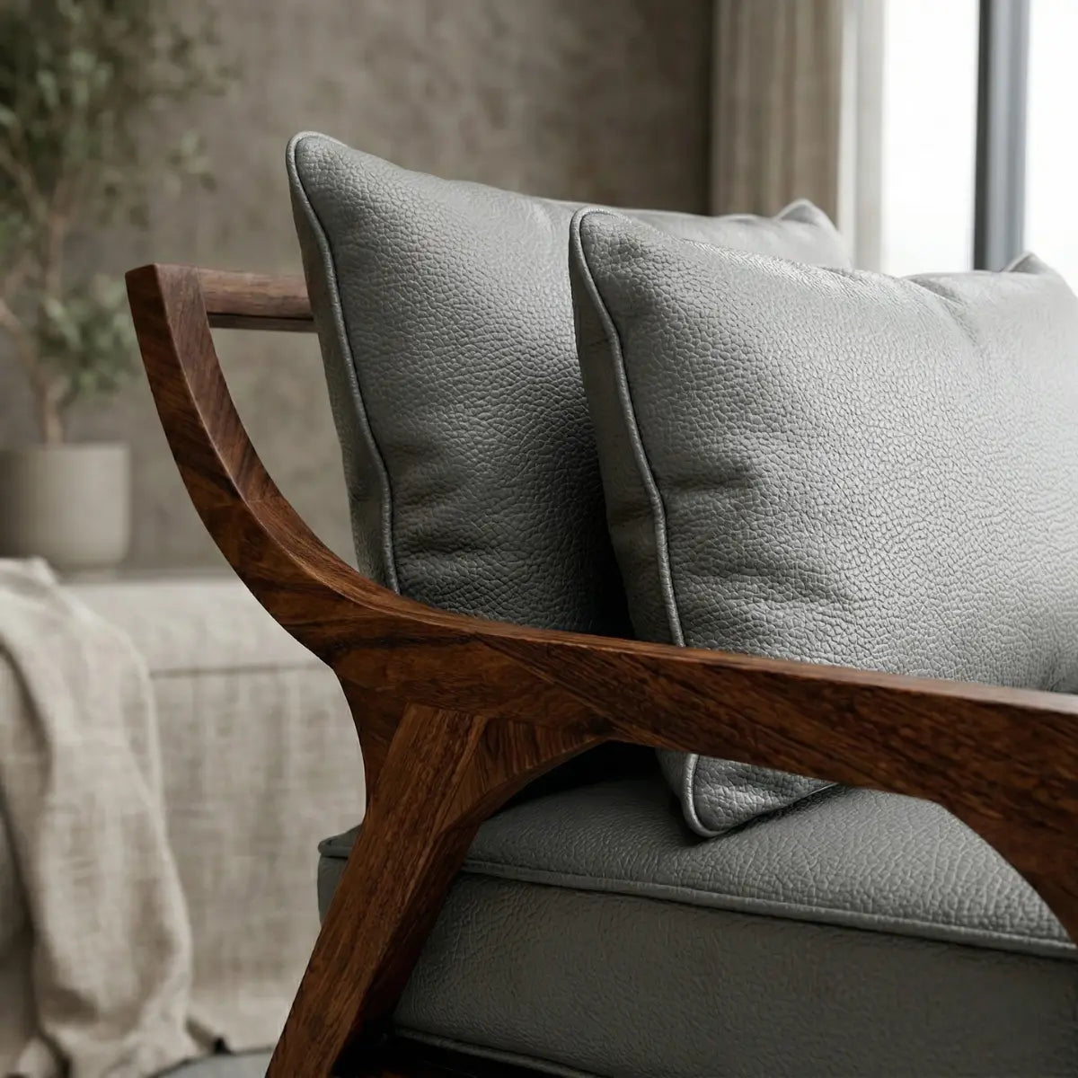 Sillón de Parota con tapizado en piel genuina gris, en sala de estar, DEKO