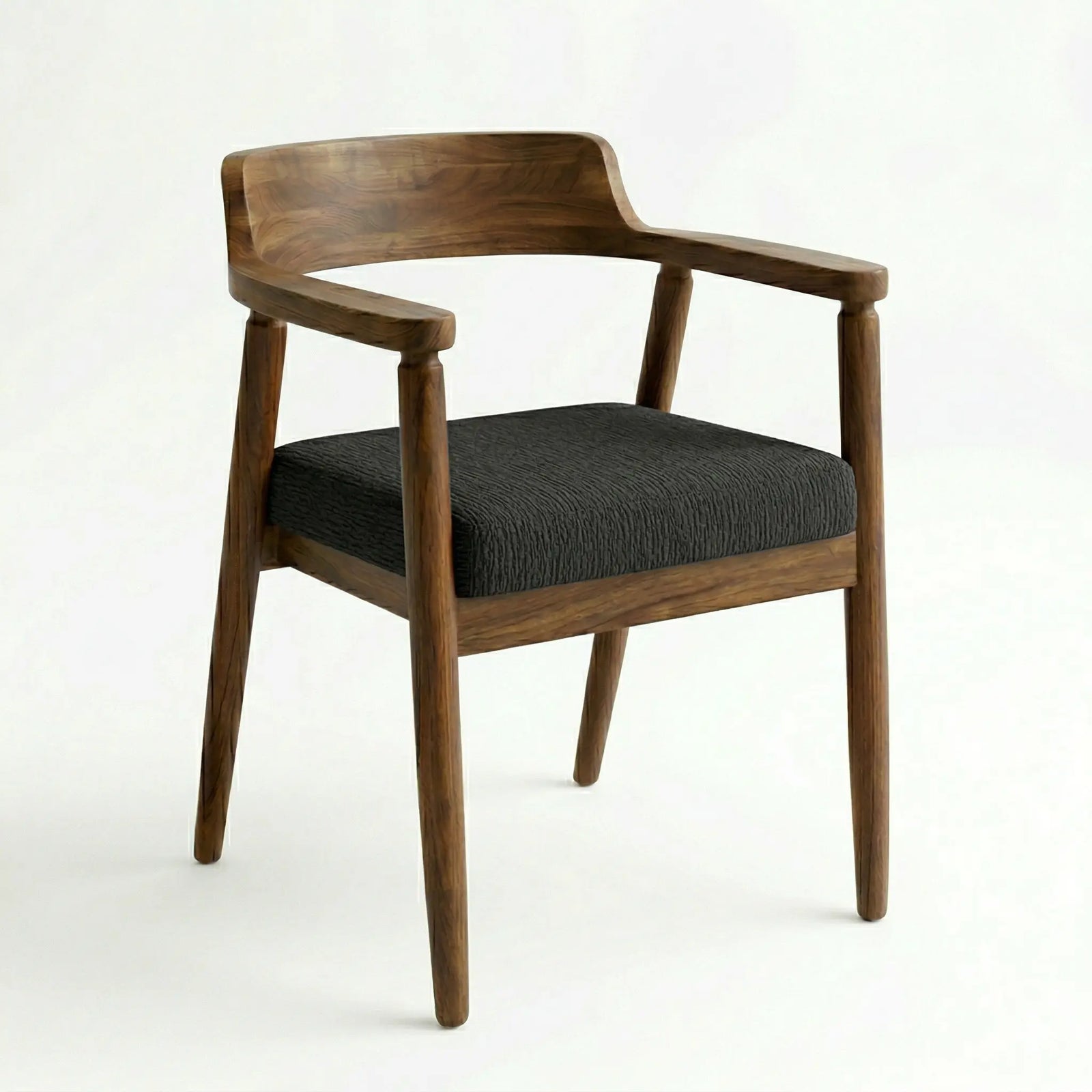 Silla de parota artesanal, con tapizado en tela negro, detalle del tapizado, DEKO
