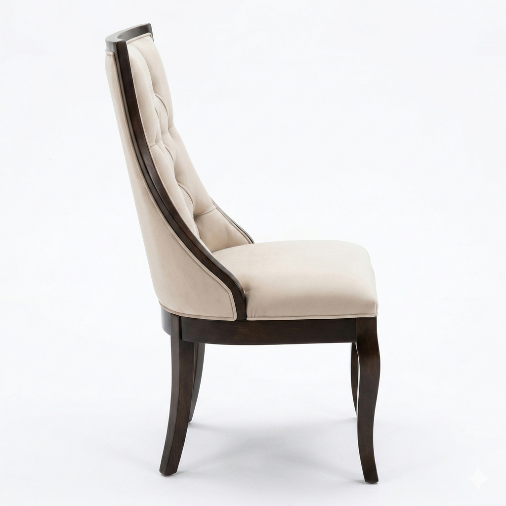 Silla de madera sólida, con tapizado en tela crema, vista lateral, DEKO