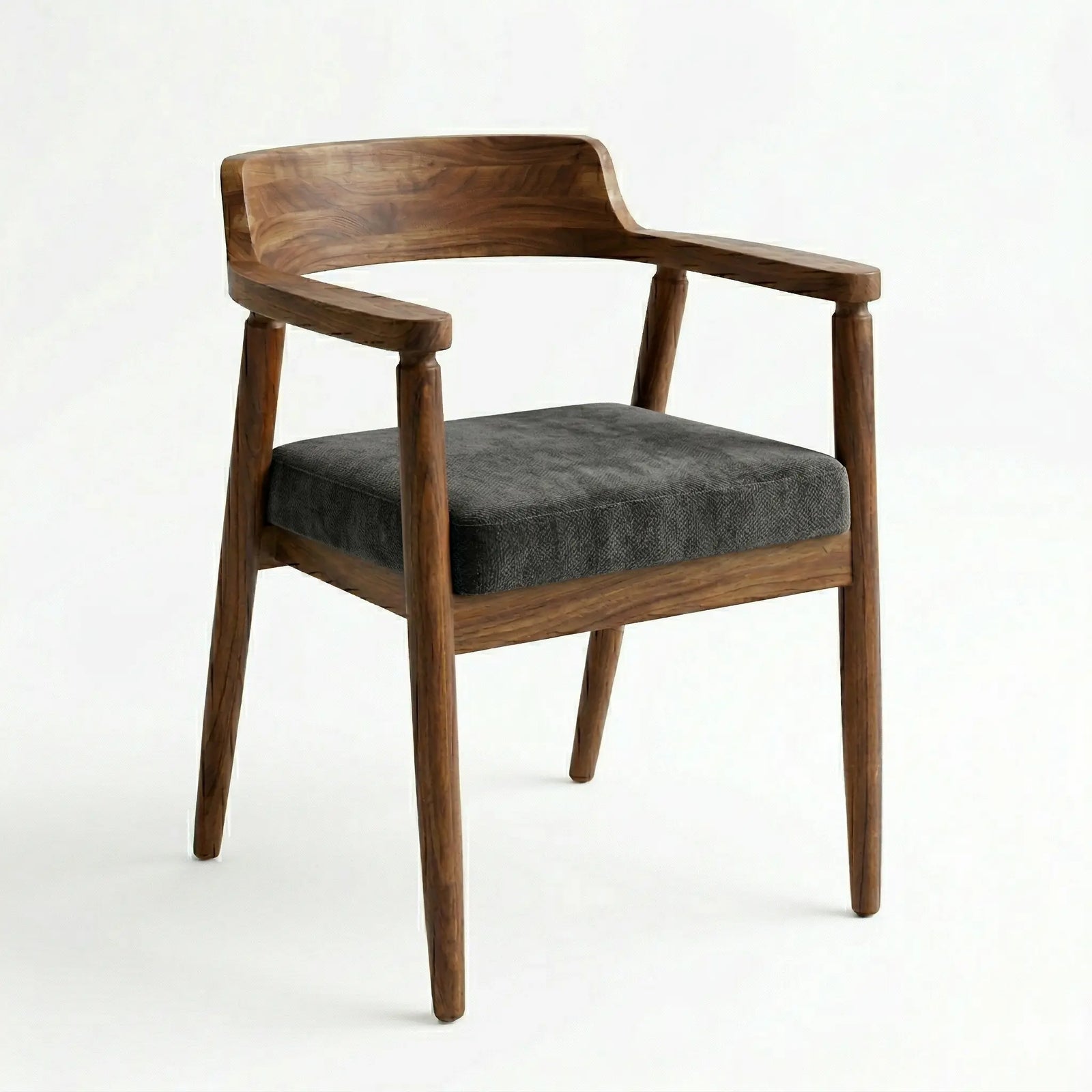Silla de parota artesanal, con tapizado en tela gris, en comedor moderno 6 personas, DEKO