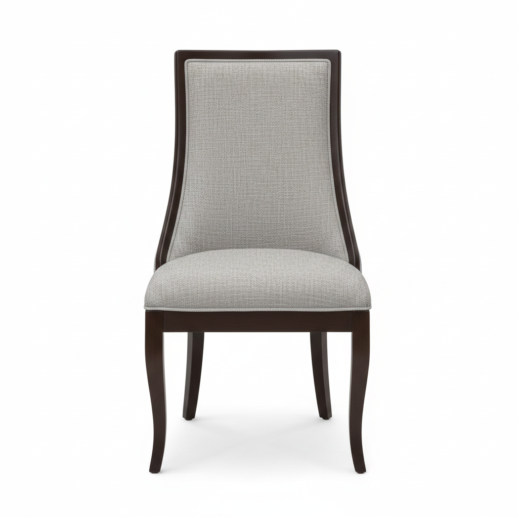 Sillas para Comedor con tapizado en tela gris, vista frontal, detalle del tapizado, DEKO