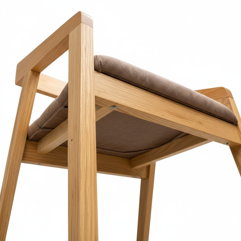 Silla Mid-Century, con tapizado en tela café, detalle de las patas, DEKO