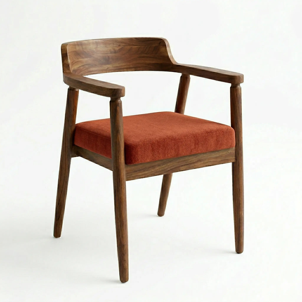 Silla de parota, con tapizado en tela naranja, detalle del tapizado, DEKO