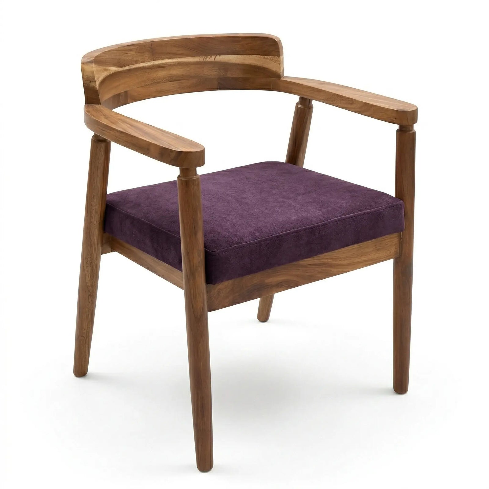 Silla de parota artesanal, con tapizado en tela púrpura, vista frontal, DEKO