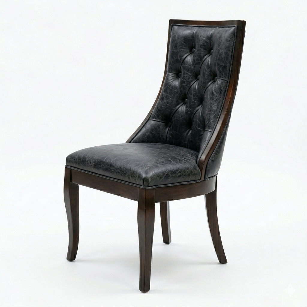 Silla de madera sólida, con tapizado en piel genuina negro en comedor moderno 6 personas, DEKO