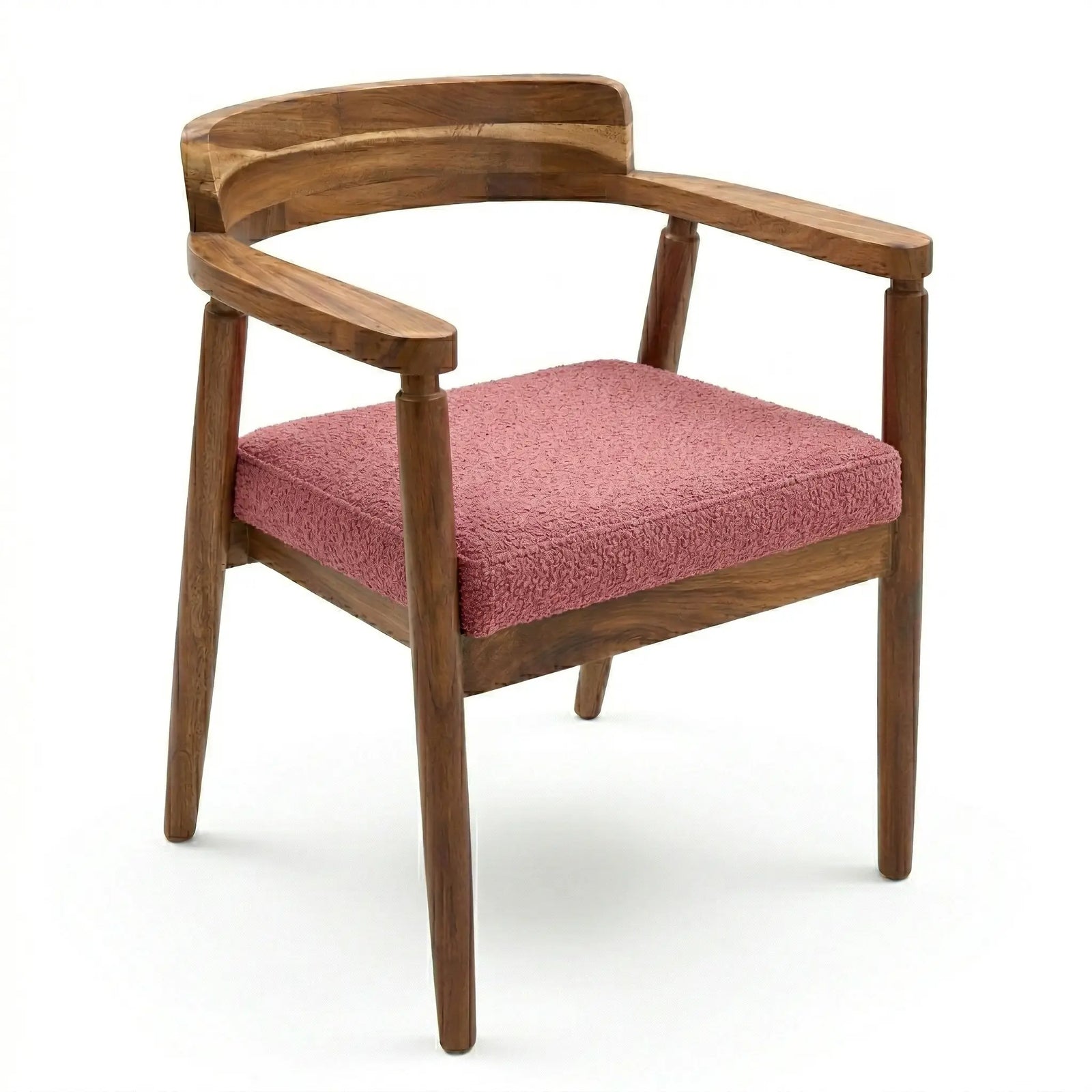 Sillas de madera maciza, con tapizado en tela rosa, detalle de la veta de parota, DEKO