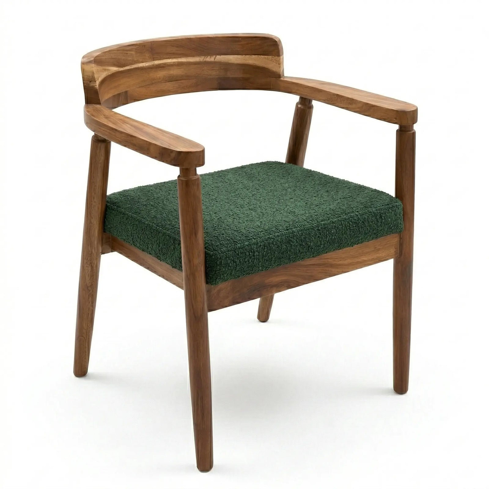 Silla de parota artesanal, con tapizado en tela verde, en comedor moderno 6 personas, DEKO