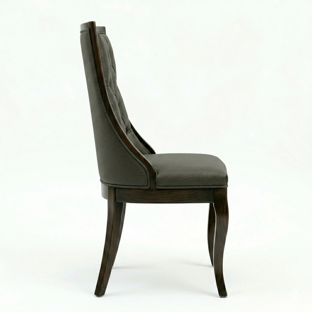Silla de madera sólida, con tapizado en piel genuina, vista lateral, DEKO