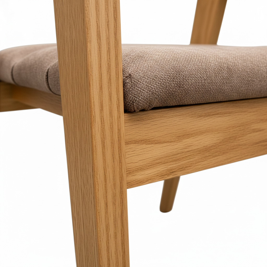 Silla Mid-Century, con tapizado en tela café, detalle de las patas, DEKO