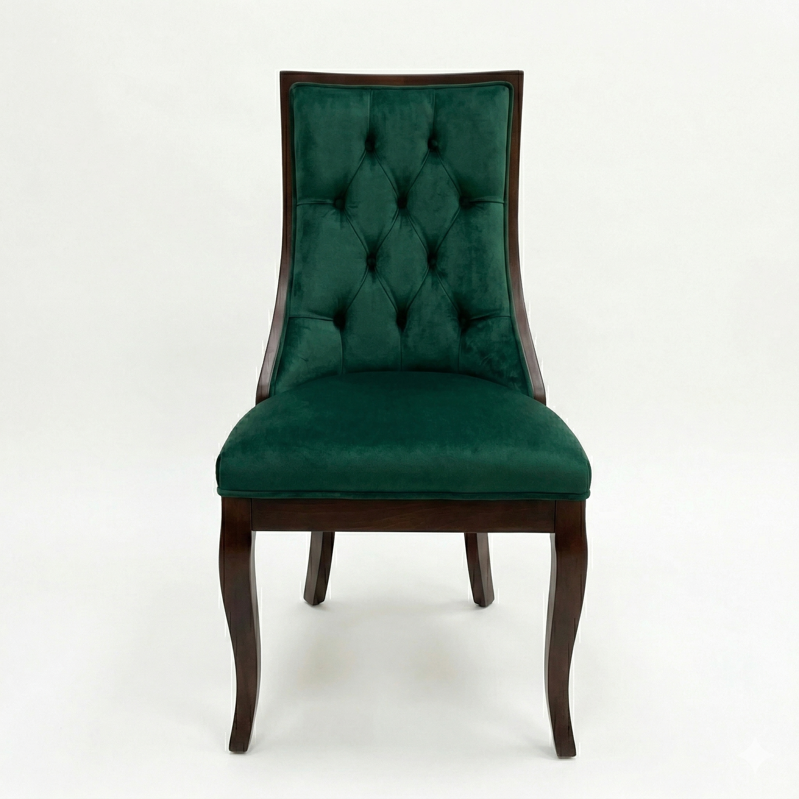 Silla de madera sólida, con tapizado terciopelo verde, vista frontal, DEKO