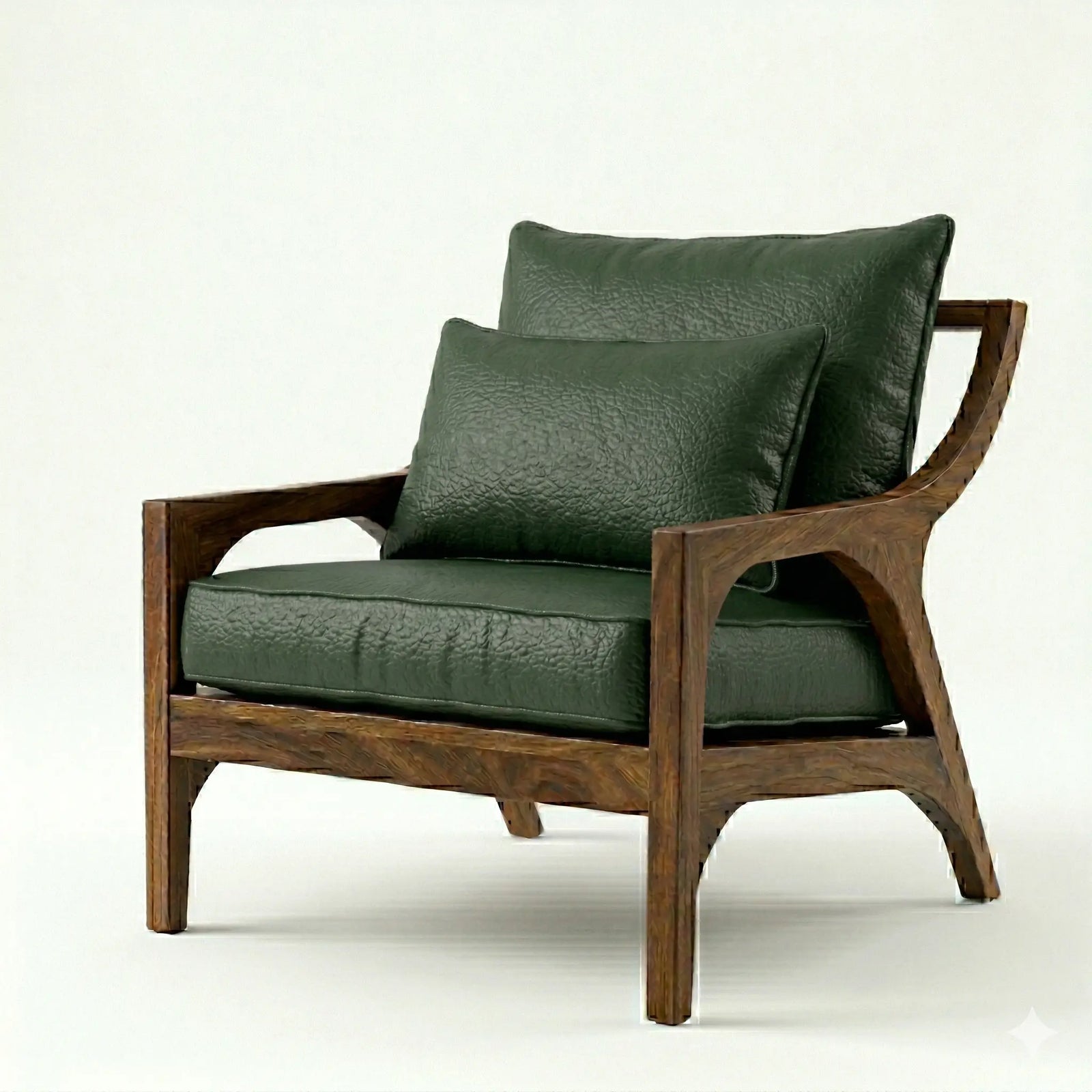 Sillón de parota artesanal, con tapizado en piel genuina verde, en sala de estar, DEKO
