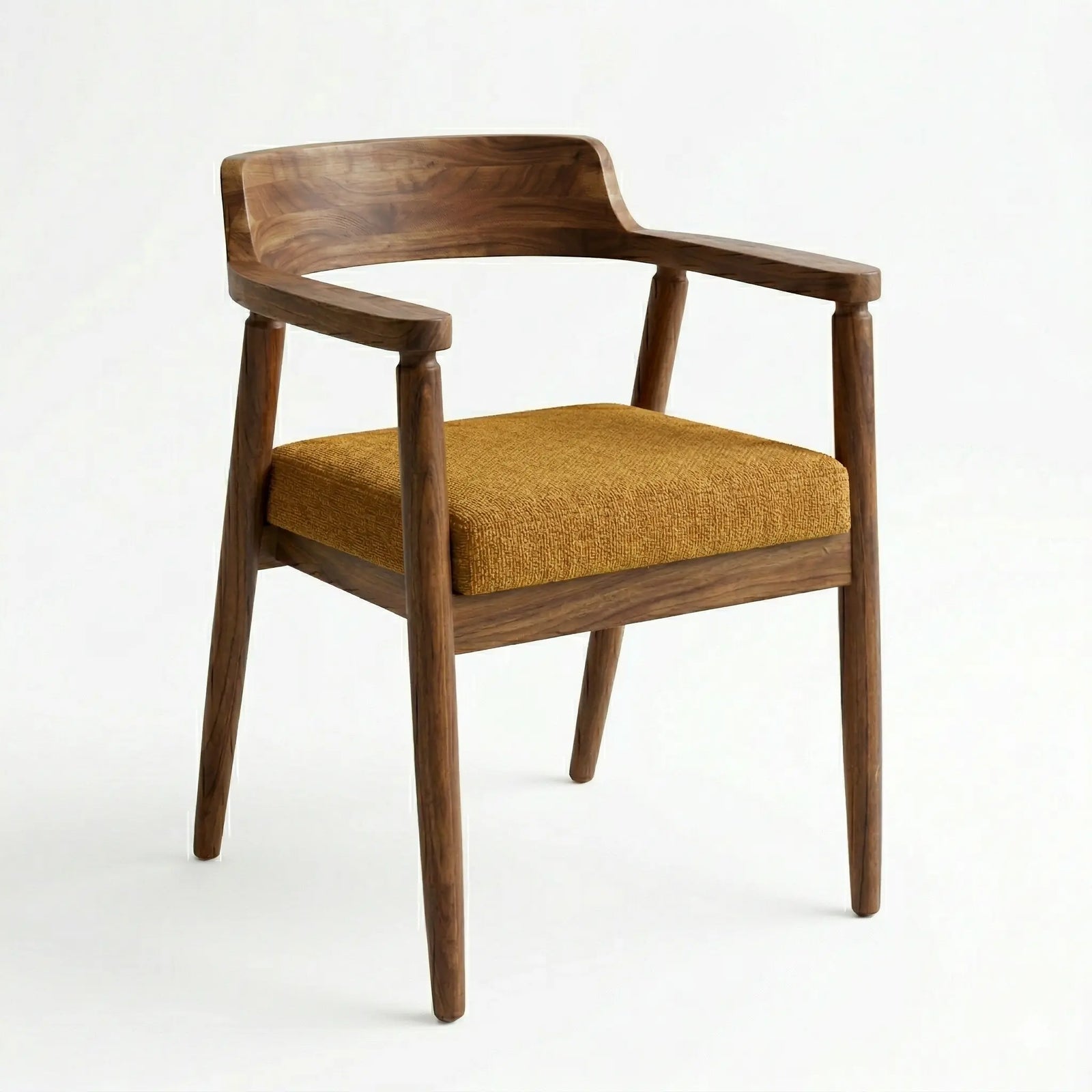 Silla de parota artesanal, con tapizado en tela amarillo, en comedor moderno 6 personas, DEKO