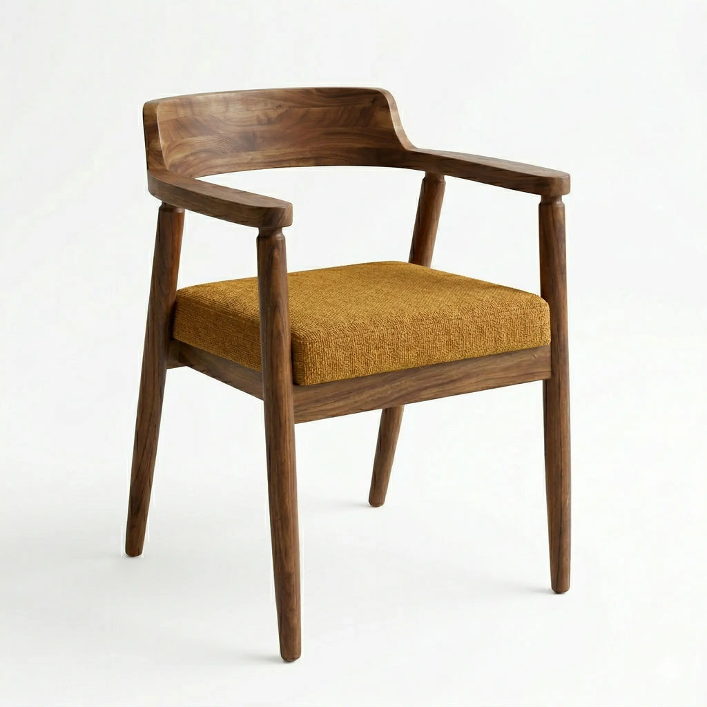 Silla de parota artesanal, con tapizado en tela amarillo, en comedor moderno 6 personas, DEKO