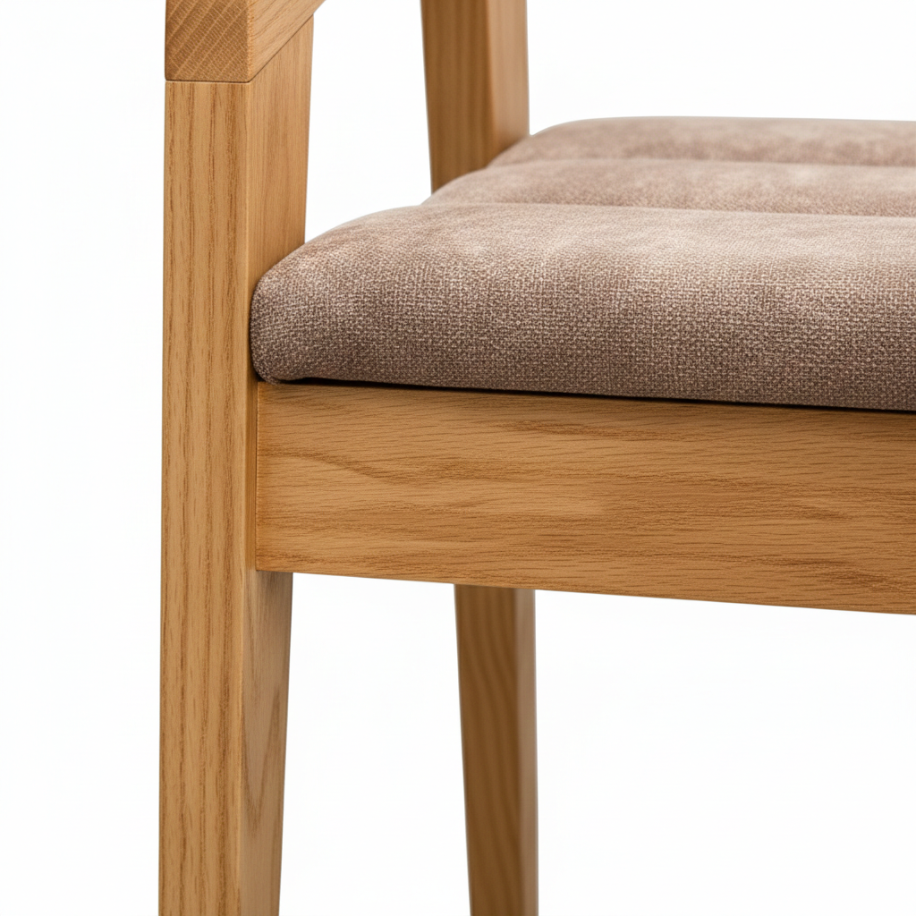 Silla Mid-Century, con tapizado en tela marrón, vista frontal, detalle del tapizado, DEKO